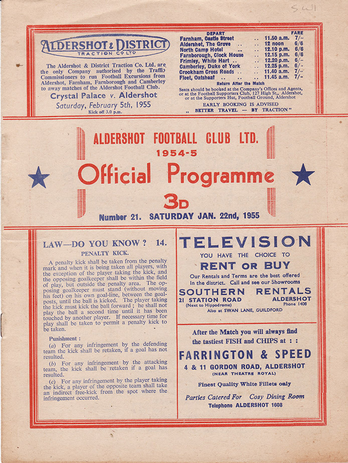 <b>Saturday, January 22, 1955</b><br />vs. Aldershot (Away)